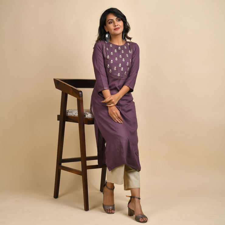 RangDeep Women Rayon Embroidered Mauve Straight Kurti