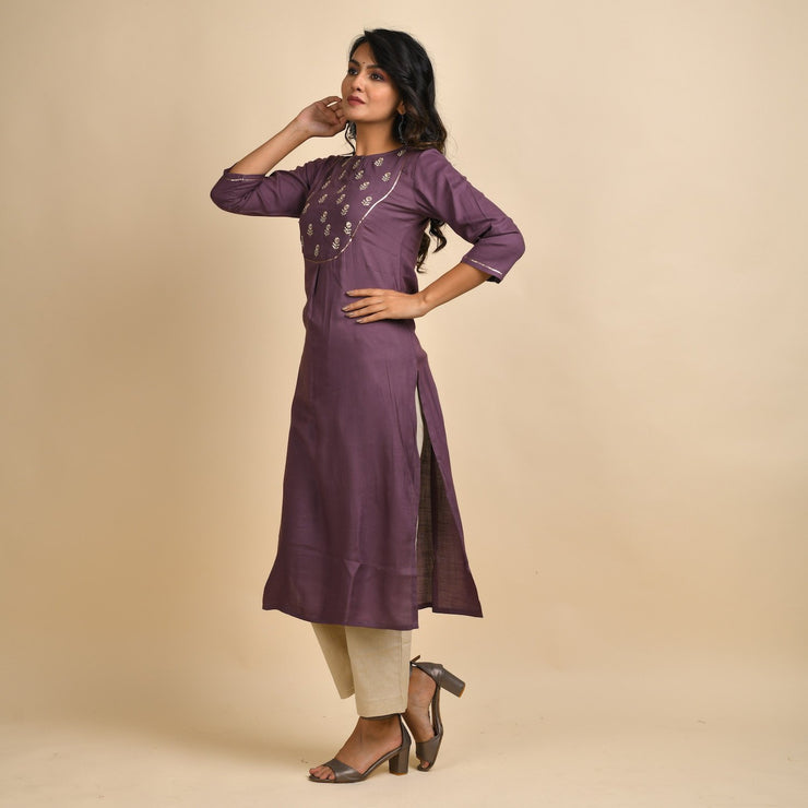 RangDeep Women Rayon Embroidered Mauve Straight Kurti