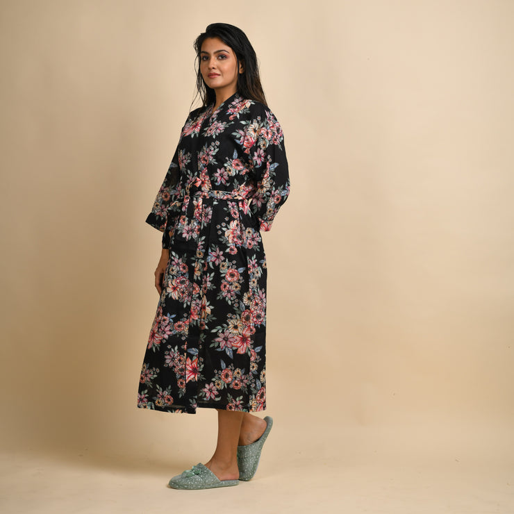 Black Cotton Hand printed kimono robe