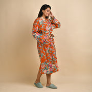 Orange Pure Cotton Hand printed kimono robe