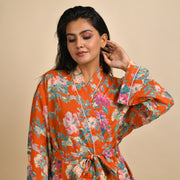 Orange Pure Cotton Hand printed kimono robe