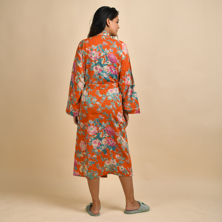 Orange Pure Cotton Hand printed kimono robe