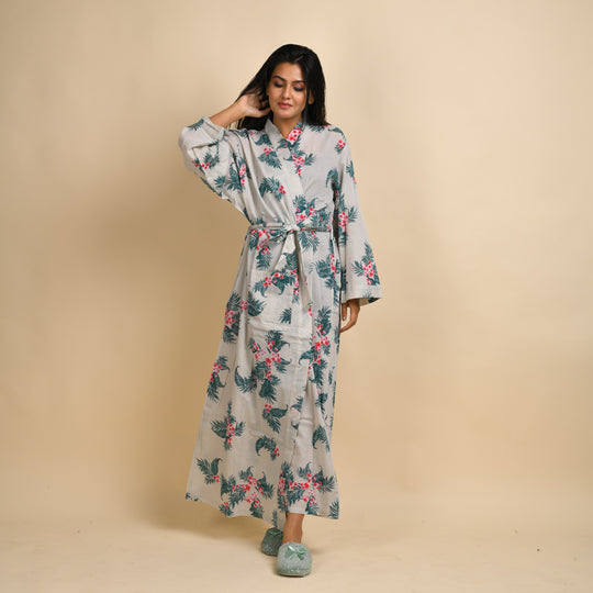 Hand printed Leaf Cotton kimono robe