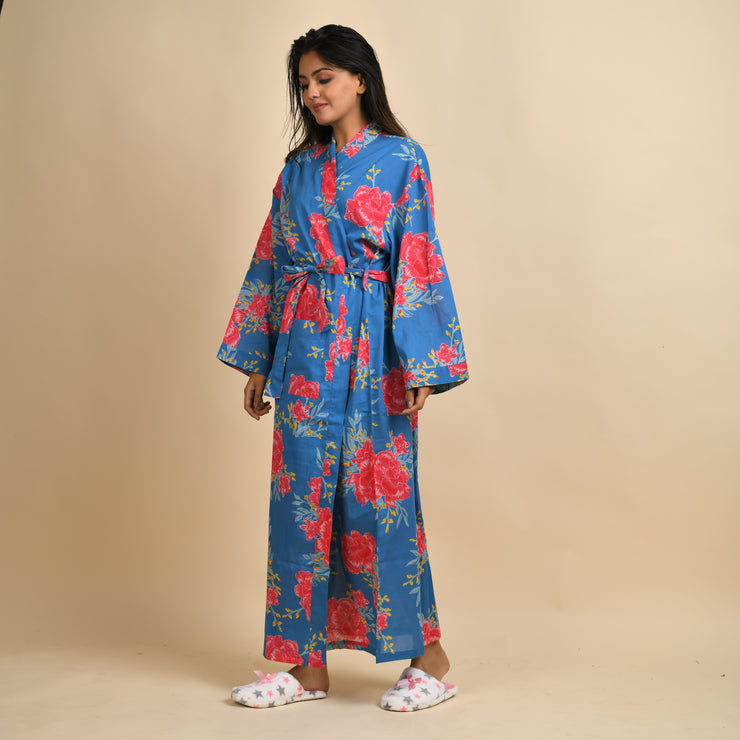 Blue Pure Cotton Hand printed kimono robe