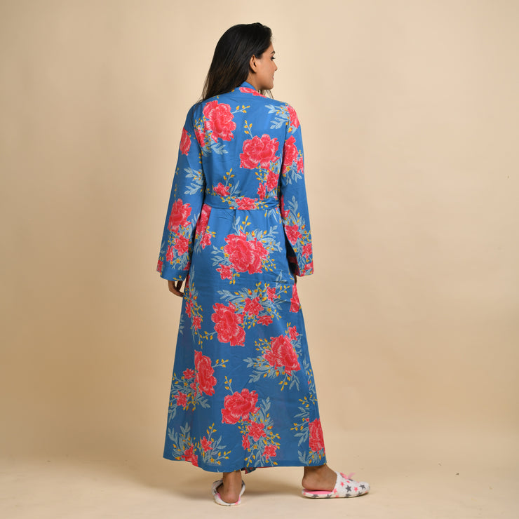 Blue Pure Cotton Hand printed kimono robe