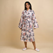 Cream Pink Cotton Hand printed kimono robe