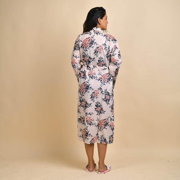 Cream Pink Cotton Hand printed kimono robe