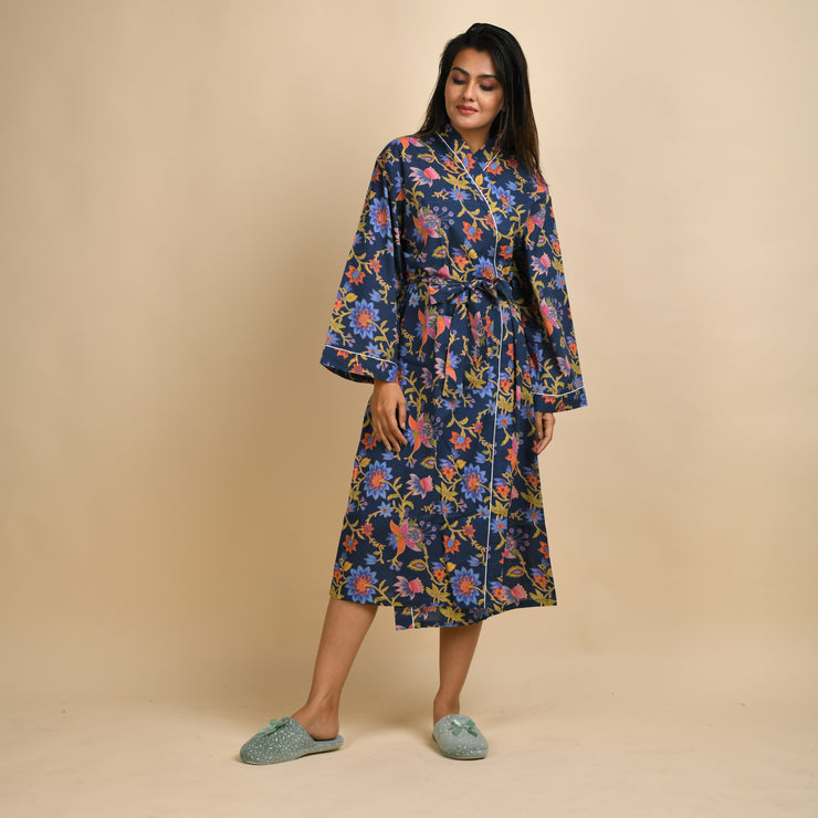 Royal Blue Multi-colour Pure Cotton Couple kimono robe