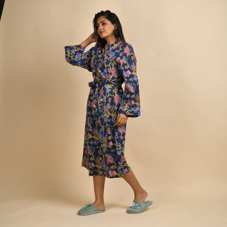 Royal Blue Multi-colour Pure Cotton Couple kimono robe