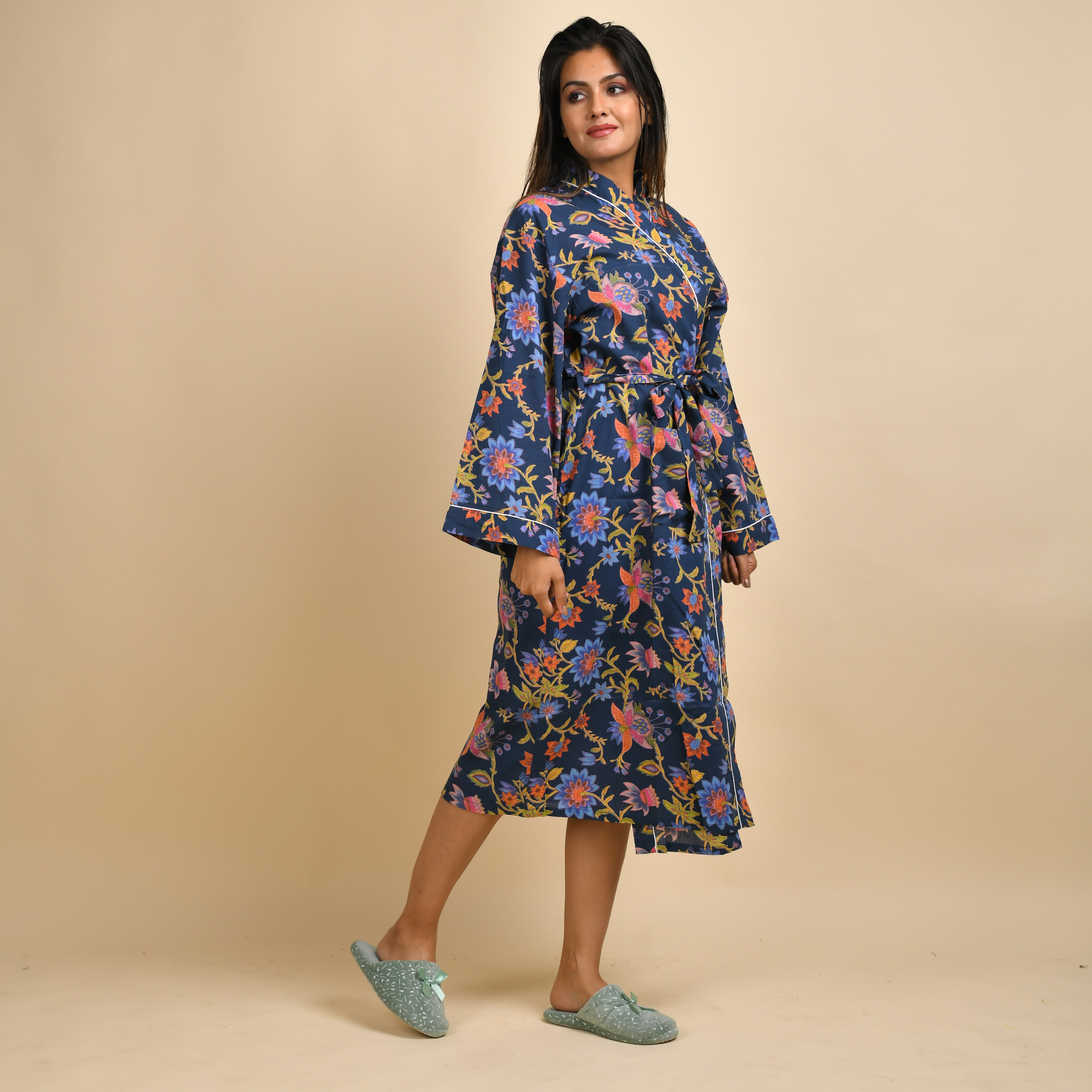 Royal Blue Multi-colour Pure Cotton Couple kimono robe