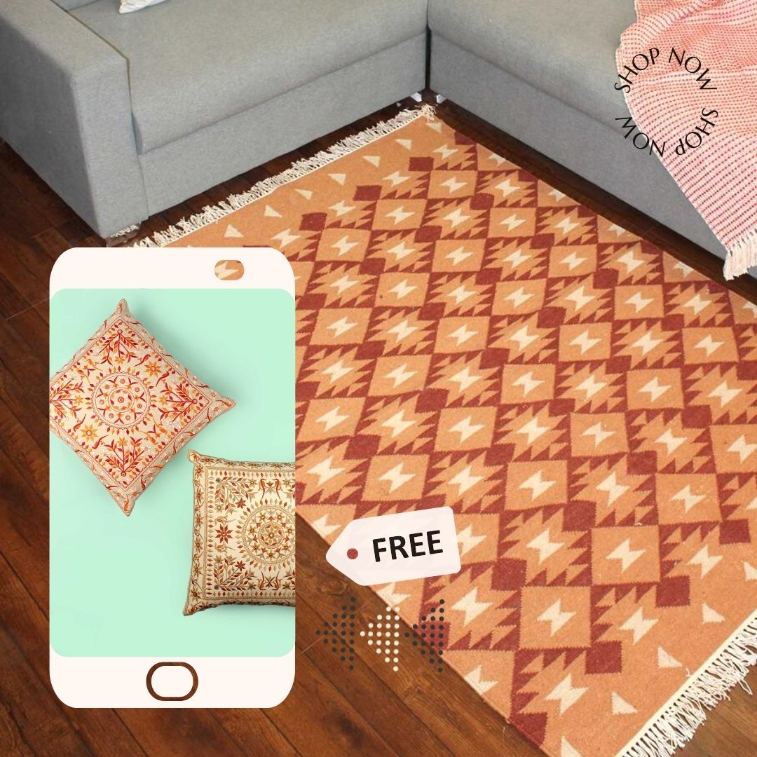 Hand-weaved cotton wool Multi-color Rug with a set of 2 cushion covers