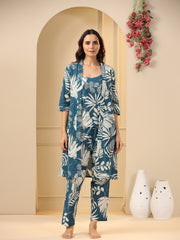 Teal Cotton Printed 3 PEICE  Night Suit Set with Pyjama