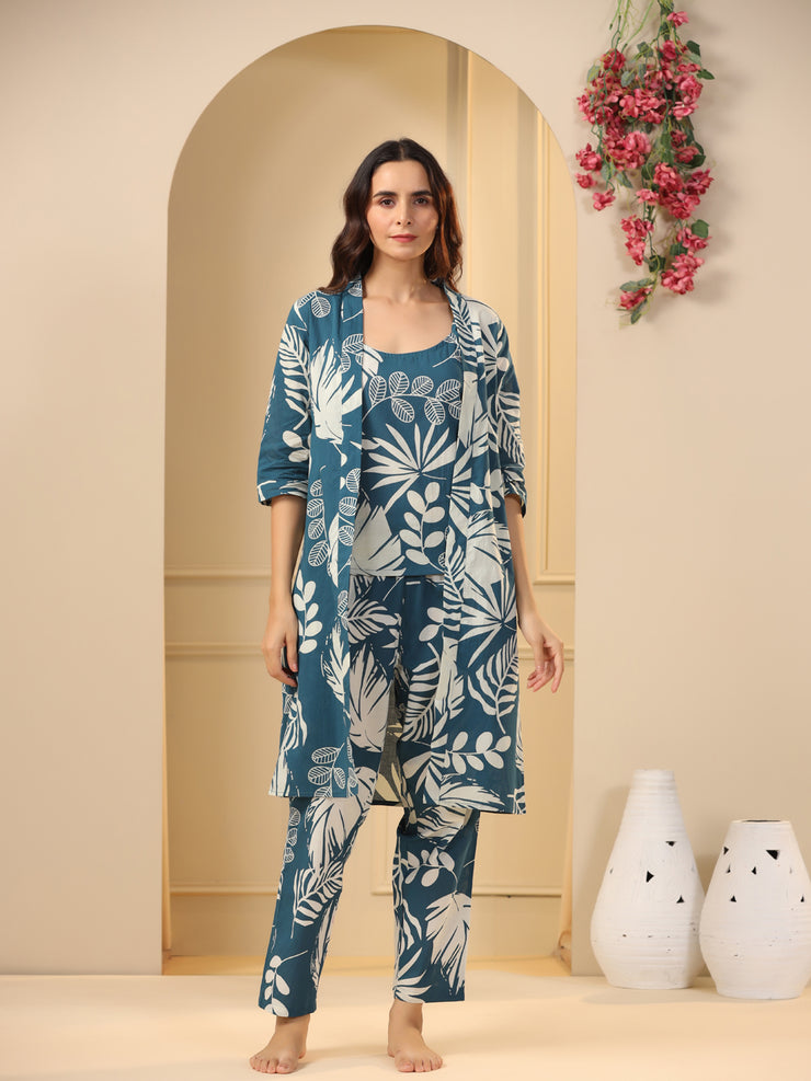 Teal Cotton Printed 3 PEICE  Night Suit Set with Pyjama