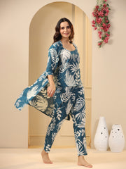 Teal Cotton Printed 3 PEICE  Night Suit Set with Pyjama