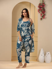 Teal Cotton Printed 3 PEICE  Night Suit Set with Pyjama