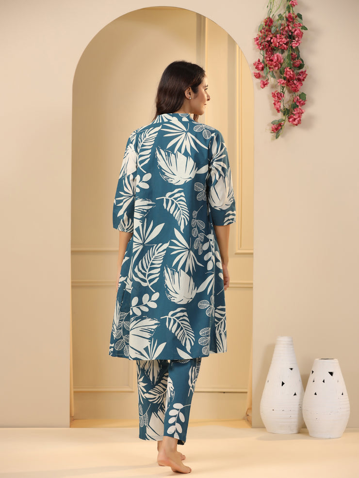 Teal Cotton Printed 3 PEICE  Night Suit Set with Pyjama