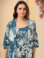 Teal Cotton Printed 3 PEICE  Night Suit Set with Pyjama