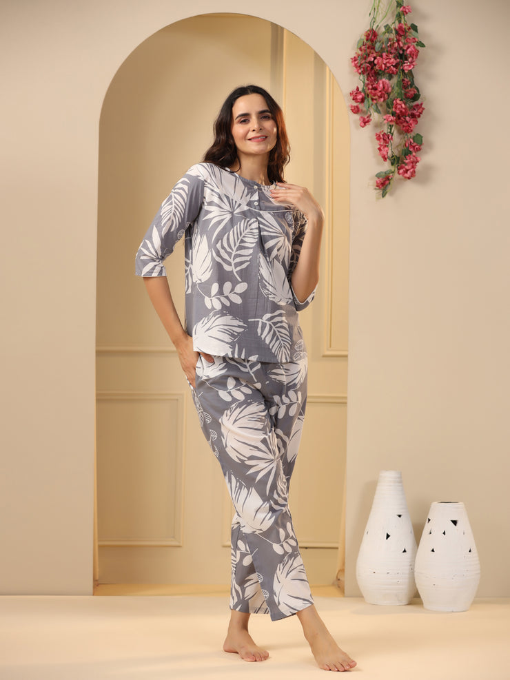 Grey Cotton Printed Night Suit Set with Pajama