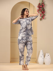 Grey Cotton Printed Night Suit Set with Pajama