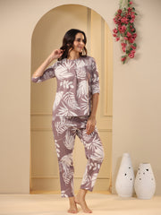 Lilac Cotton Printed Night Suit Set with Pajama