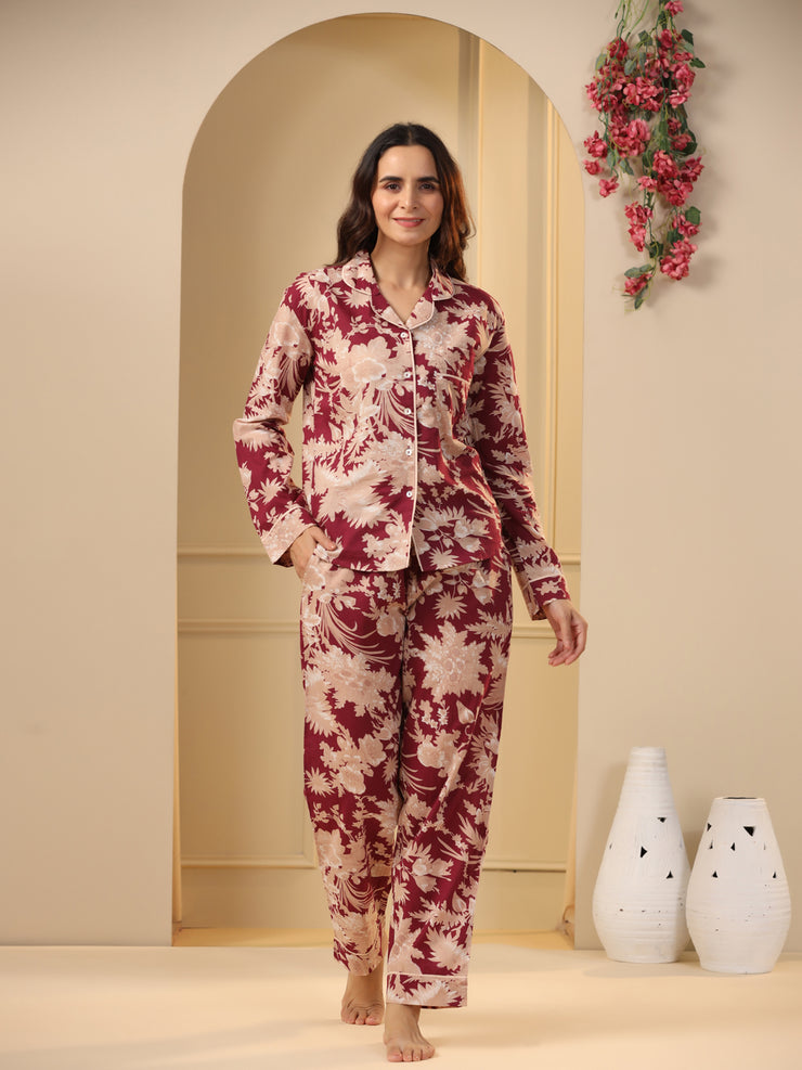 Red Printed Full sleeves Cotton Night suit