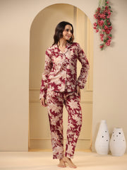 Red maroon Printed Full sleeves Cotton Night suit