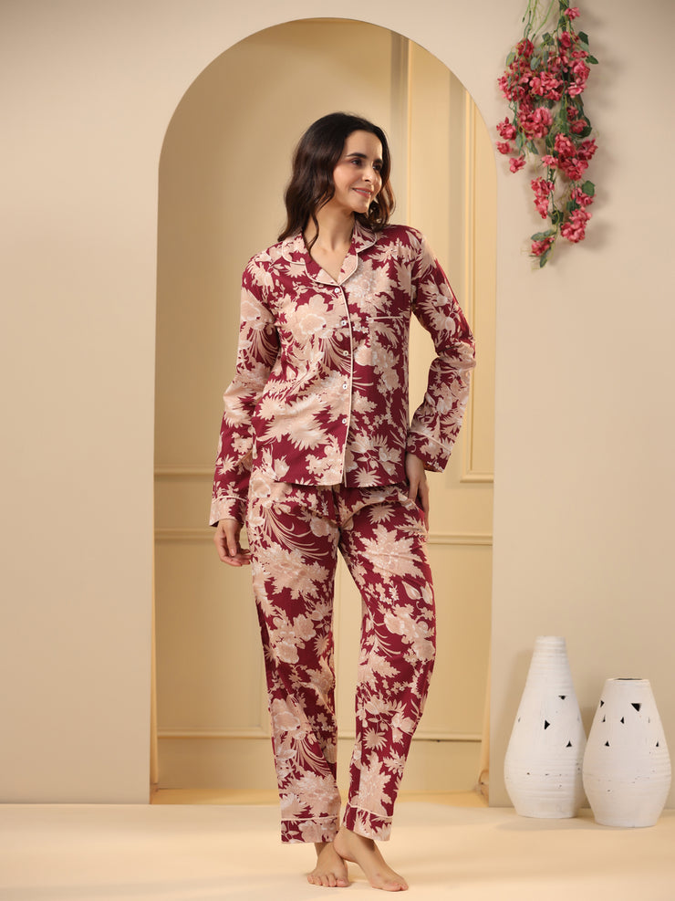 Red Printed Full sleeves Cotton Night suit