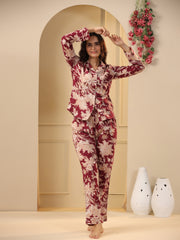 Red maroon Printed Full sleeves Cotton Night suit