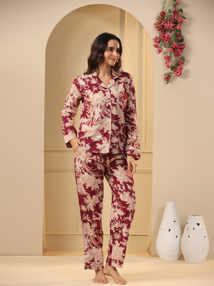 Red Printed Full sleeves Cotton Night suit