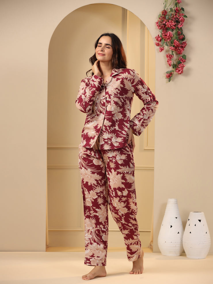 Red Printed Full sleeves Cotton Night suit