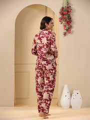 Red maroon Printed Full sleeves Cotton Night suit