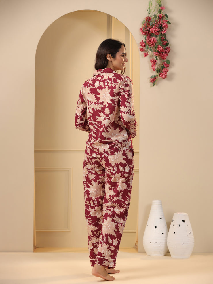 Red Printed Full sleeves Cotton Night suit