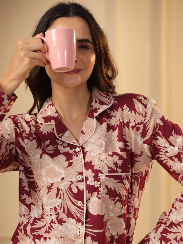 Red Printed Full sleeves Cotton Night suit