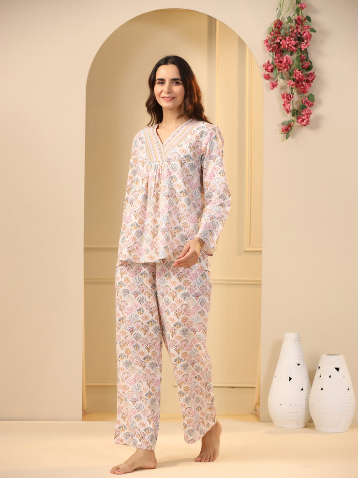 Off -white  printed pure cotton night suit set