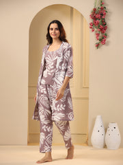 Lilac Cotton Printed 3 PEICE Night Suit Set with Pyjama