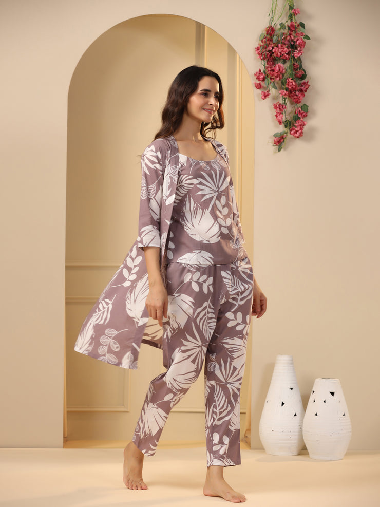 Lilac Cotton Printed 3 PEICE Night Suit Set with Pyjama