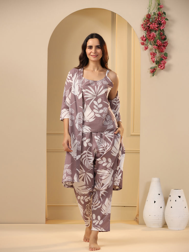 Lilac Cotton Printed 3 PEICE Night Suit Set with Pyjama