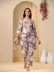 Lilac Cotton Printed 3 PEICE Night Suit Set with Pyjama