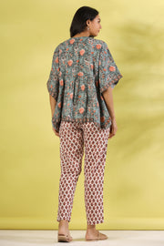 Women Green & White Pure Cotton Floral Printed Kaftan With Pyjama