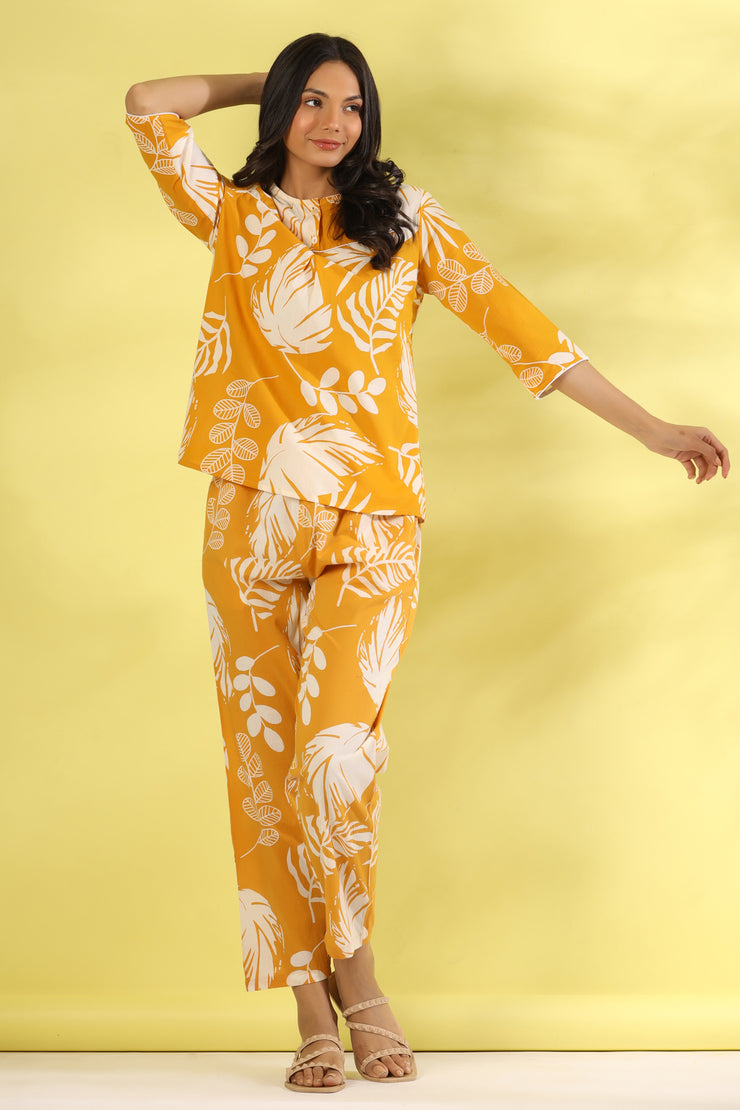 Yellow Cotton Printed Night Suit Set with Pajama