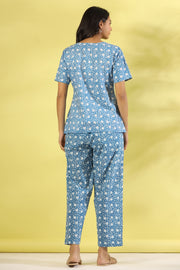 Blue printed pure cotton night suit set