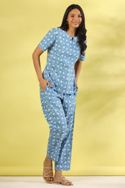Blue printed pure cotton night suit set