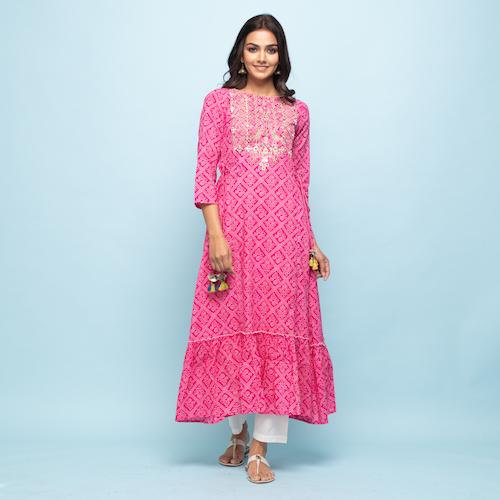 Rangdeep Pink Bandhej Calf length Cotton Kurti with Dupatta