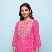 Rangdeep Pink Bandhej Calf length Cotton Kurti