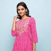 Rangdeep Pink Bandhej Calf length Cotton Kurti with Dupatta