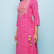 Rangdeep Pink Bandhej Calf length Cotton Kurti