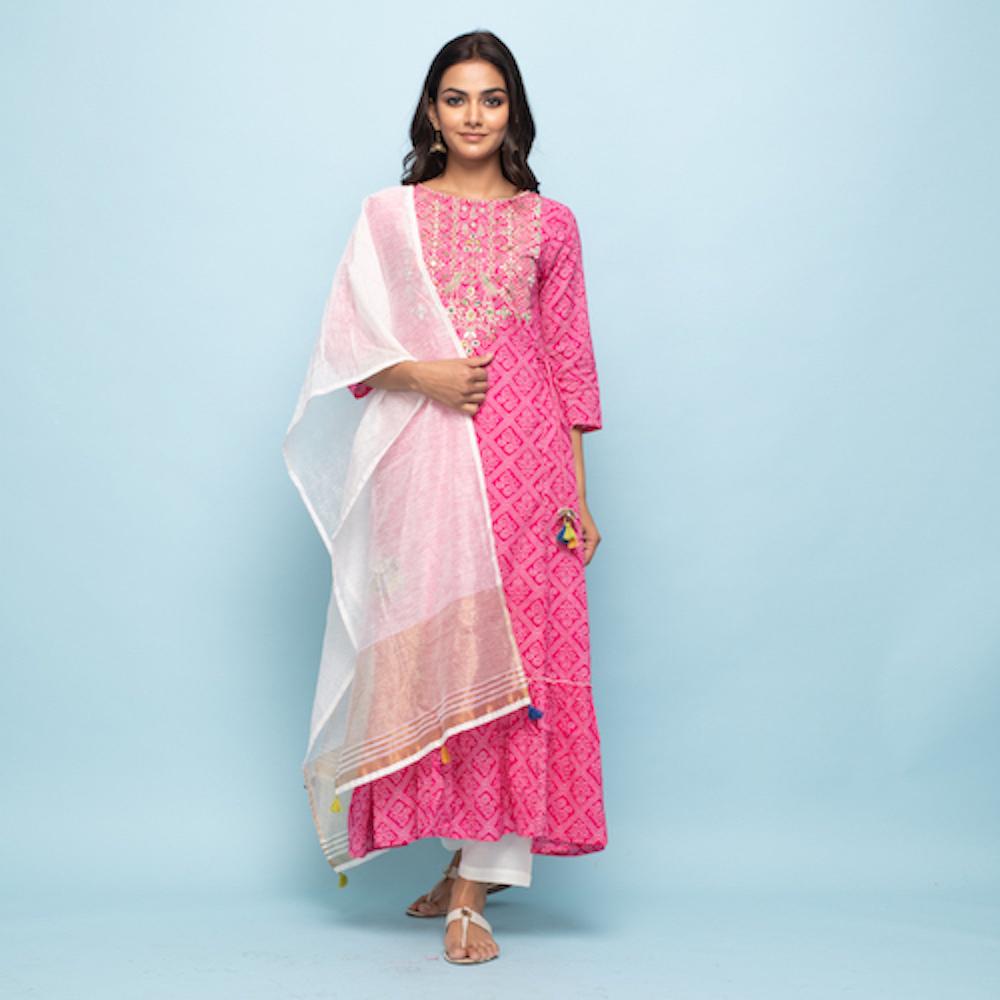 Rangdeep Pink Bandhej Calf length Cotton Kurti with Dupatta