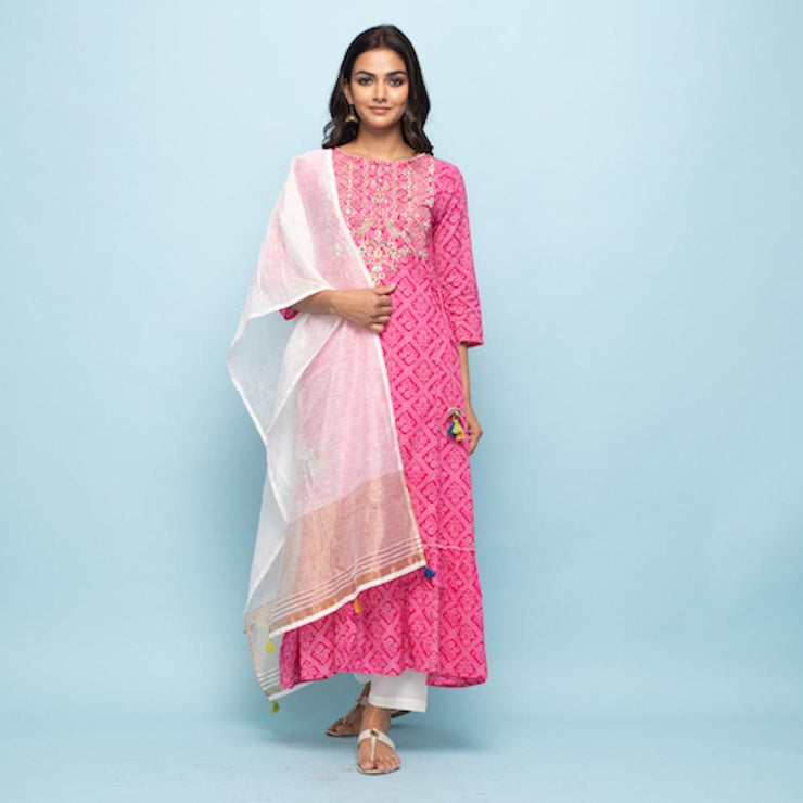 Rangdeep Pink Bandhej Calf length Cotton Kurti with Dupatta