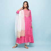 Rangdeep Pink Bandhej Calf length Cotton Kurti with Dupatta