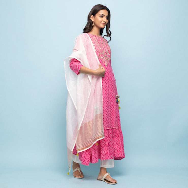 Rangdeep Pink Bandhej Calf length Cotton Kurti with Dupatta